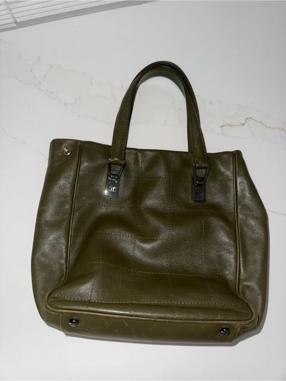 CHANEL Olive Green Quilted Leather Top-Handle Tote